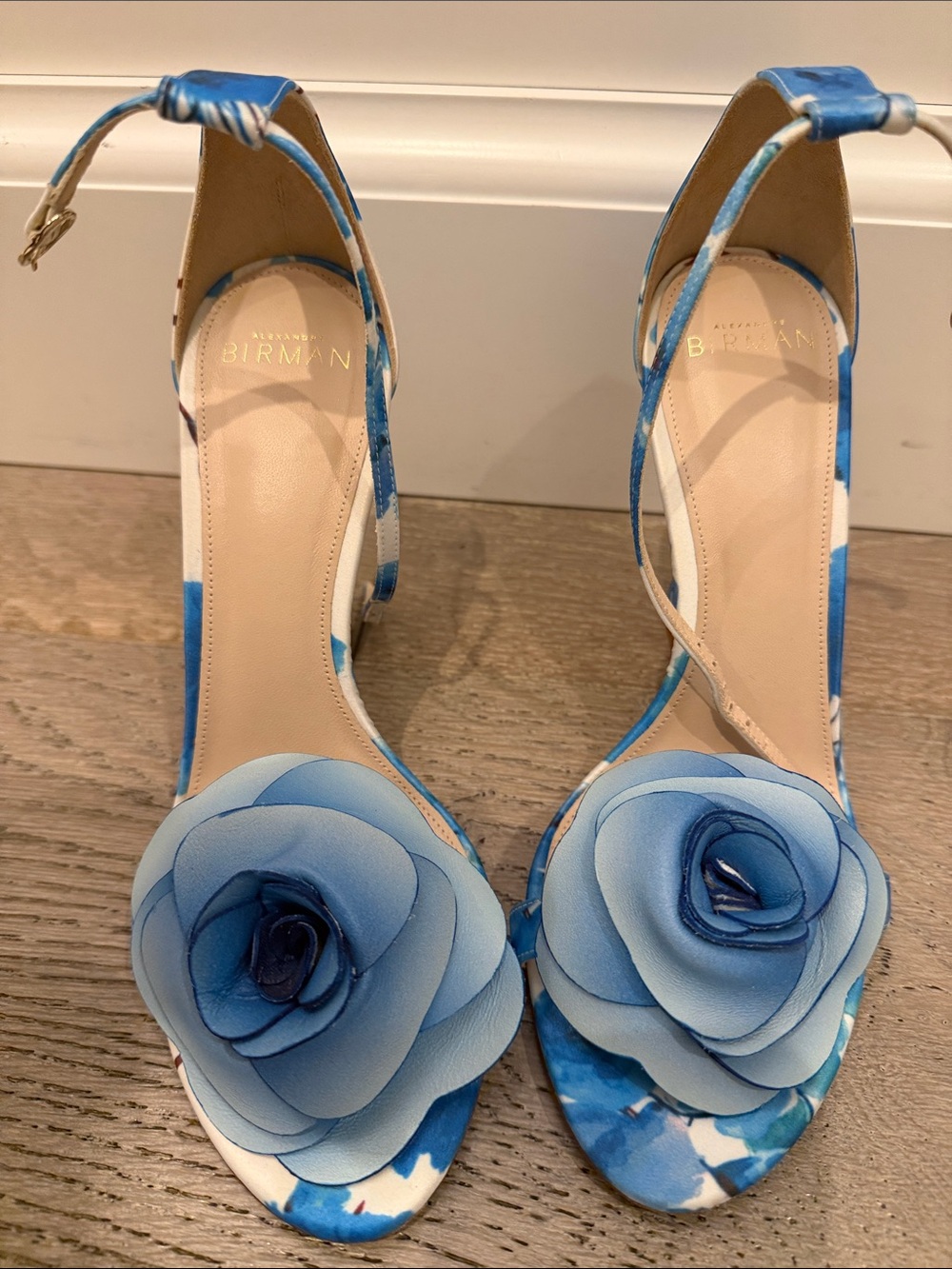 Alexandre Birman Blue Floral Rosette Ankle-Strap Sandals with beautiful heel